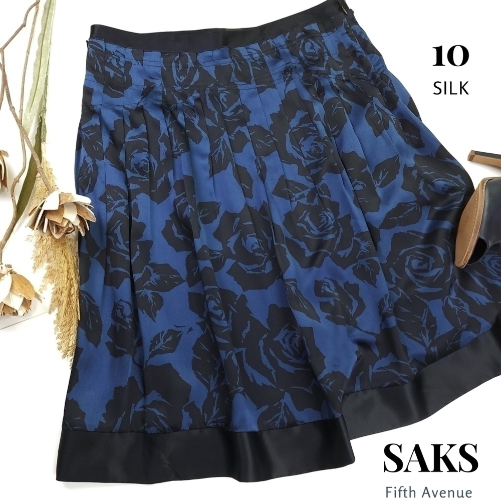 Saks Fifth Avenue Blue Black Floral Silk Skirt Sz 10 - Picture 1 of 8
